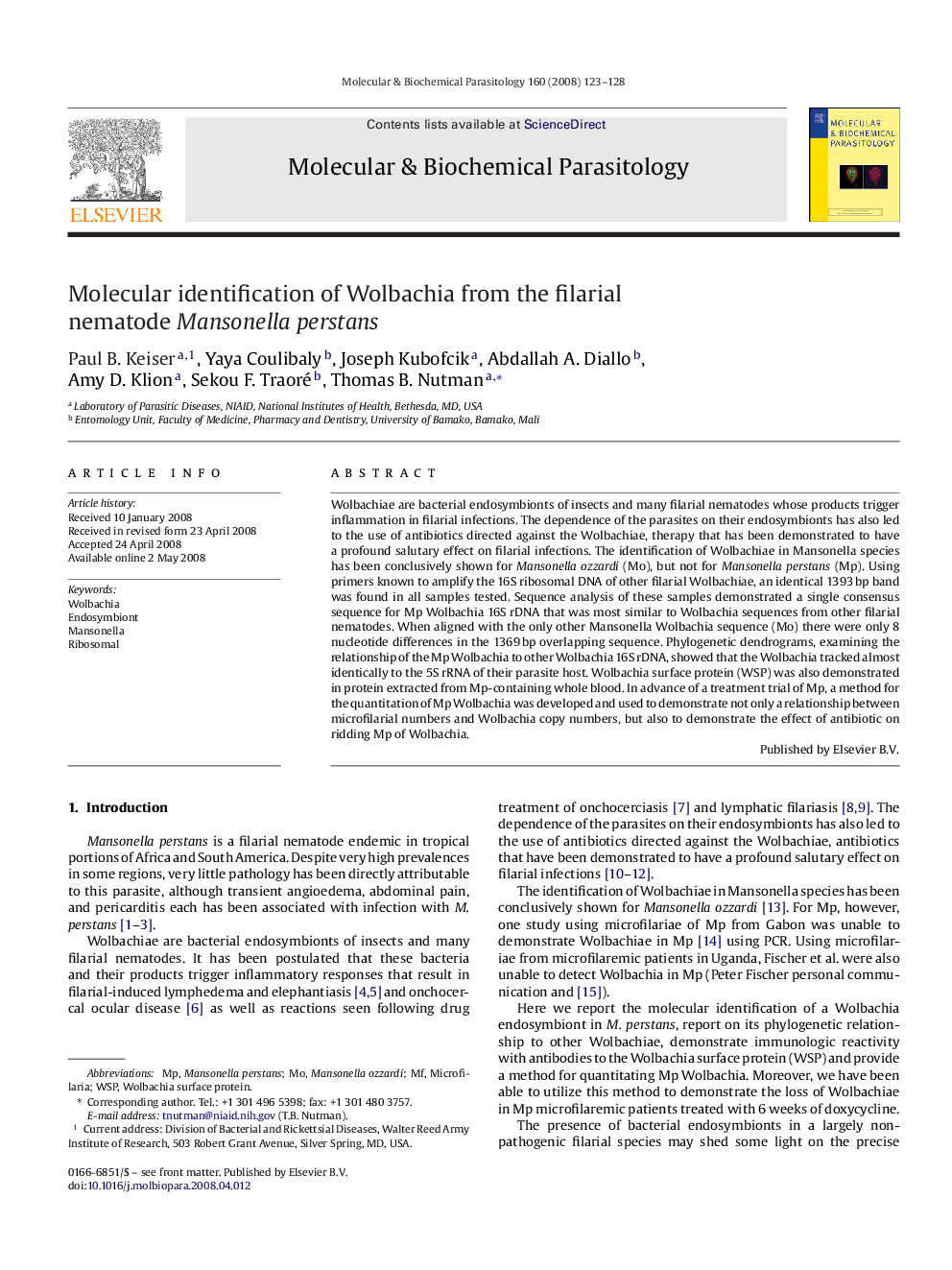 Molecular identification of Wolbachia from the filarial nematode Mansonella perstans