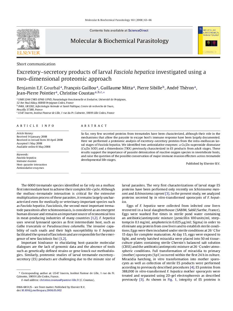 Short communicationExcretory-secretory products of larval Fasciola hepatica investigated using a two-dimensional proteomic approach