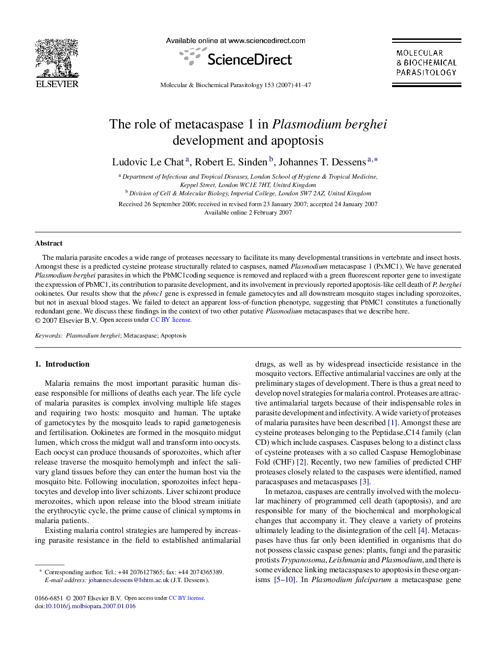 The role of metacaspase 1 in Plasmodium berghei development and apoptosis