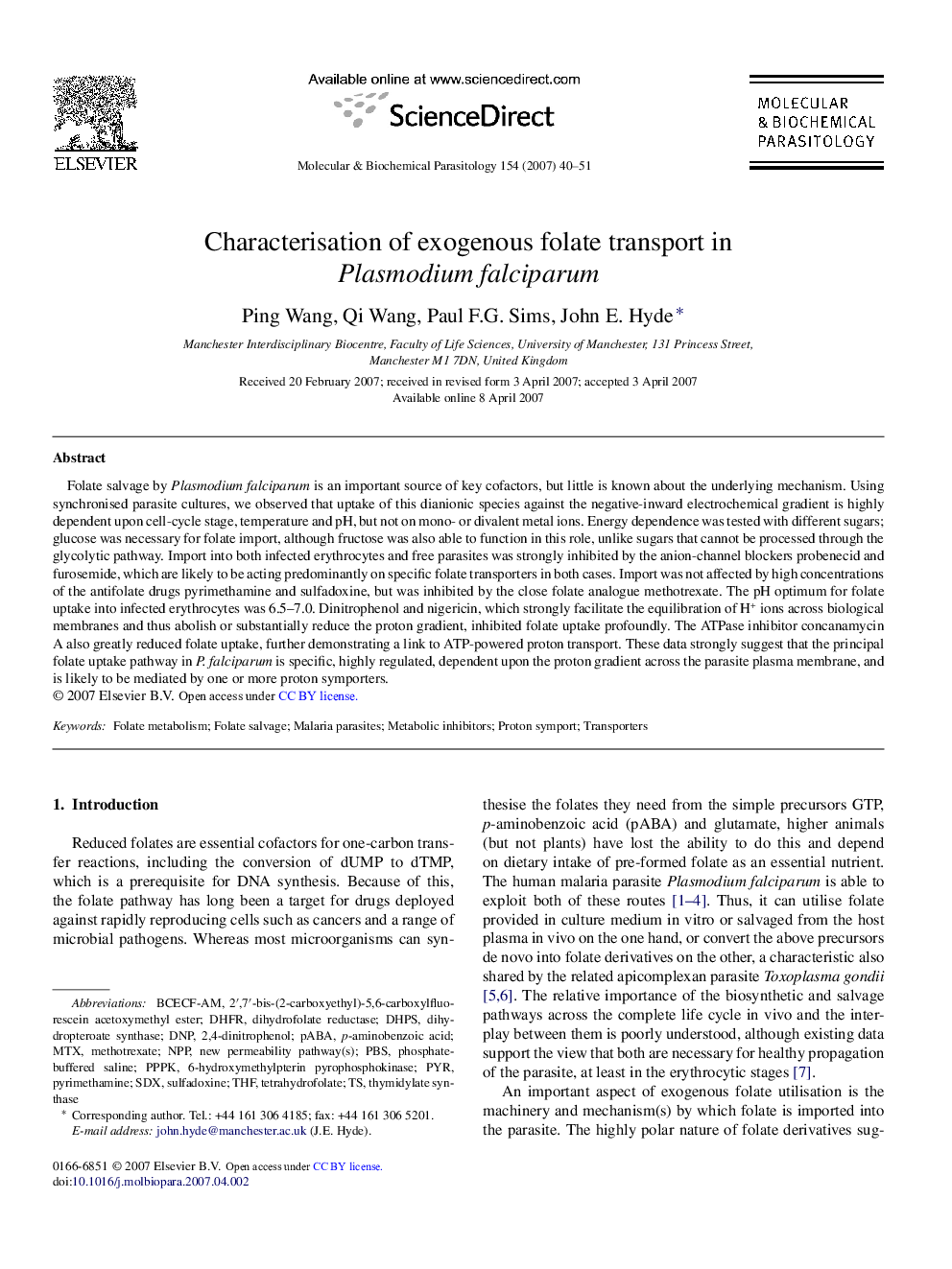 Characterisation of exogenous folate transport in Plasmodium falciparum