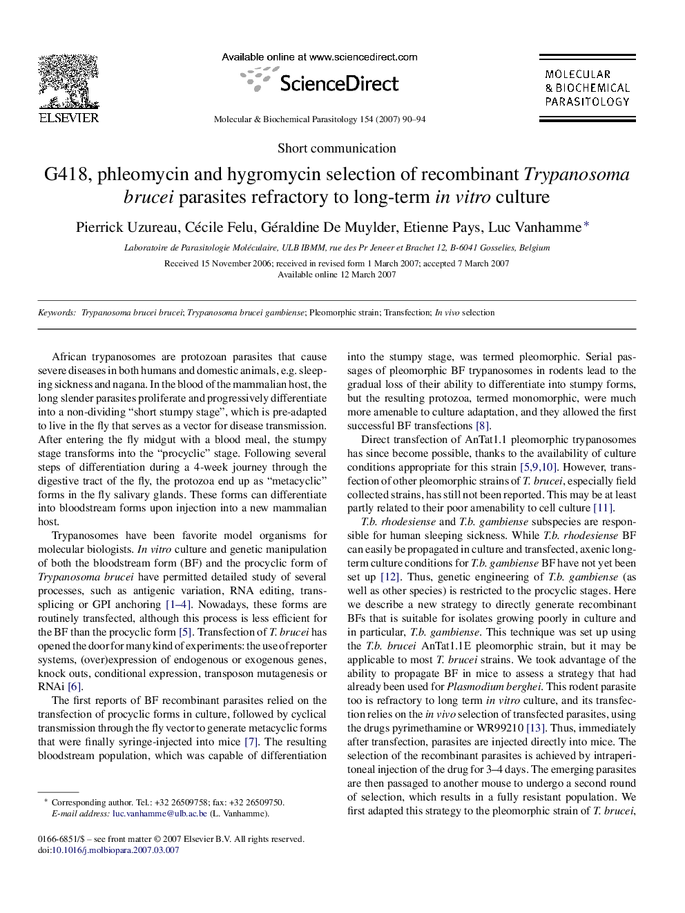 G418, phleomycin and hygromycin selection of recombinant Trypanosoma brucei parasites refractory to long-term in vitro culture