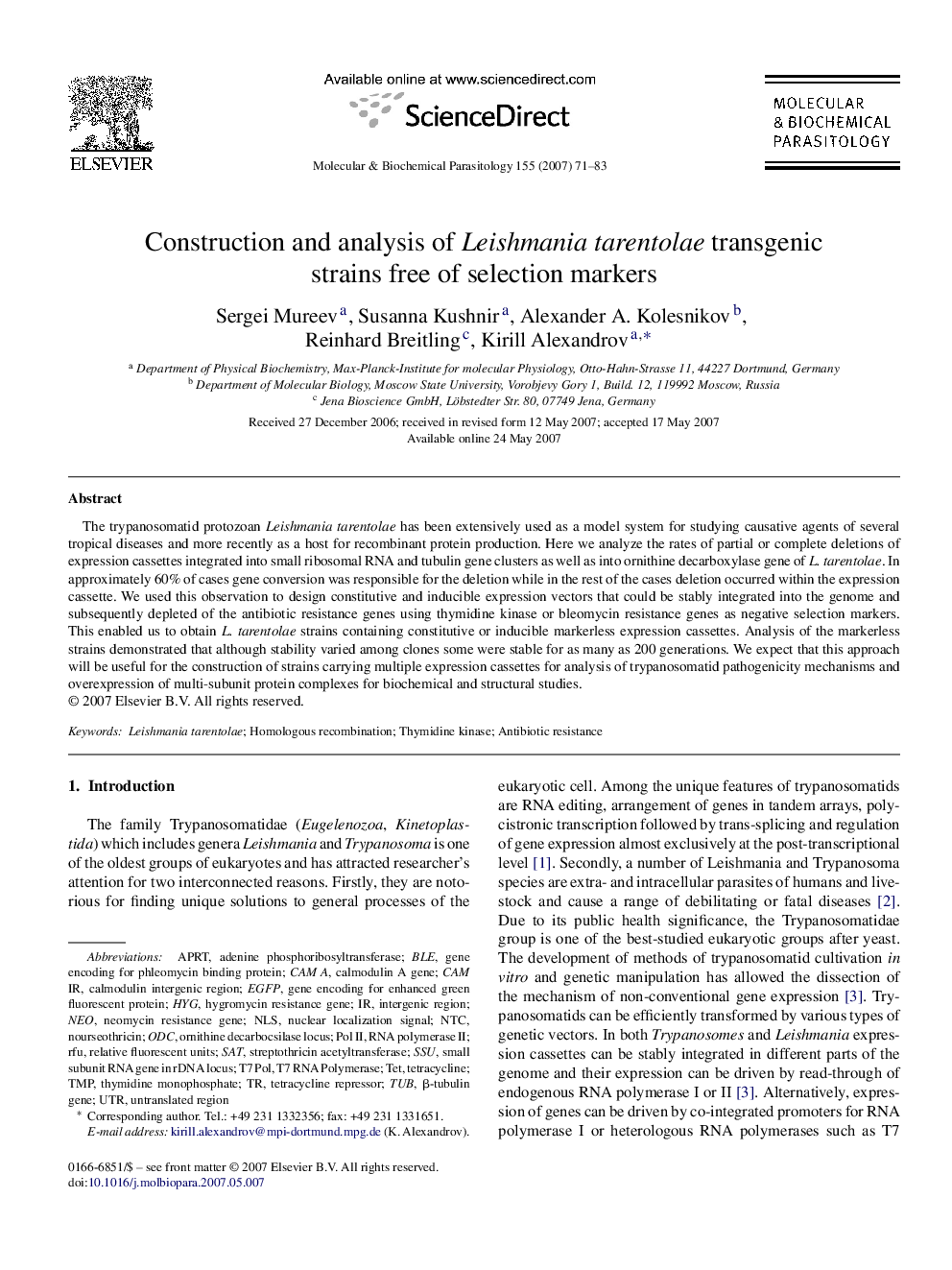 Construction and analysis of Leishmania tarentolae transgenic strains free of selection markers