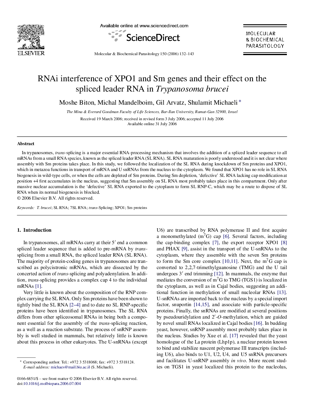 RNAi interference of XPO1 and Sm genes and their effect on the spliced leader RNA in Trypanosoma brucei