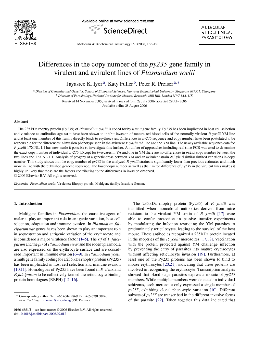 Differences in the copy number of the py235 gene family in virulent and avirulent lines of Plasmodium yoelii