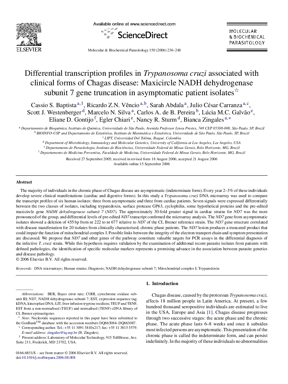 Differential transcription profiles in Trypanosoma cruzi associated with clinical forms of Chagas disease: Maxicircle NADH dehydrogenase subunit 7 gene truncation in asymptomatic patient isolates