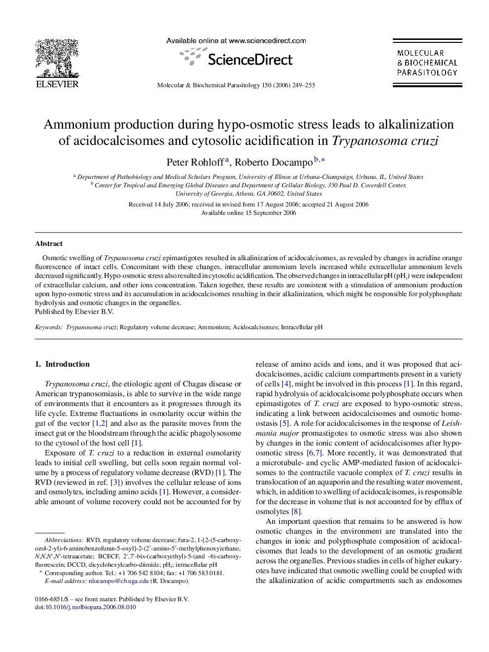 Ammonium production during hypo-osmotic stress leads to alkalinization of acidocalcisomes and cytosolic acidification in Trypanosoma cruzi