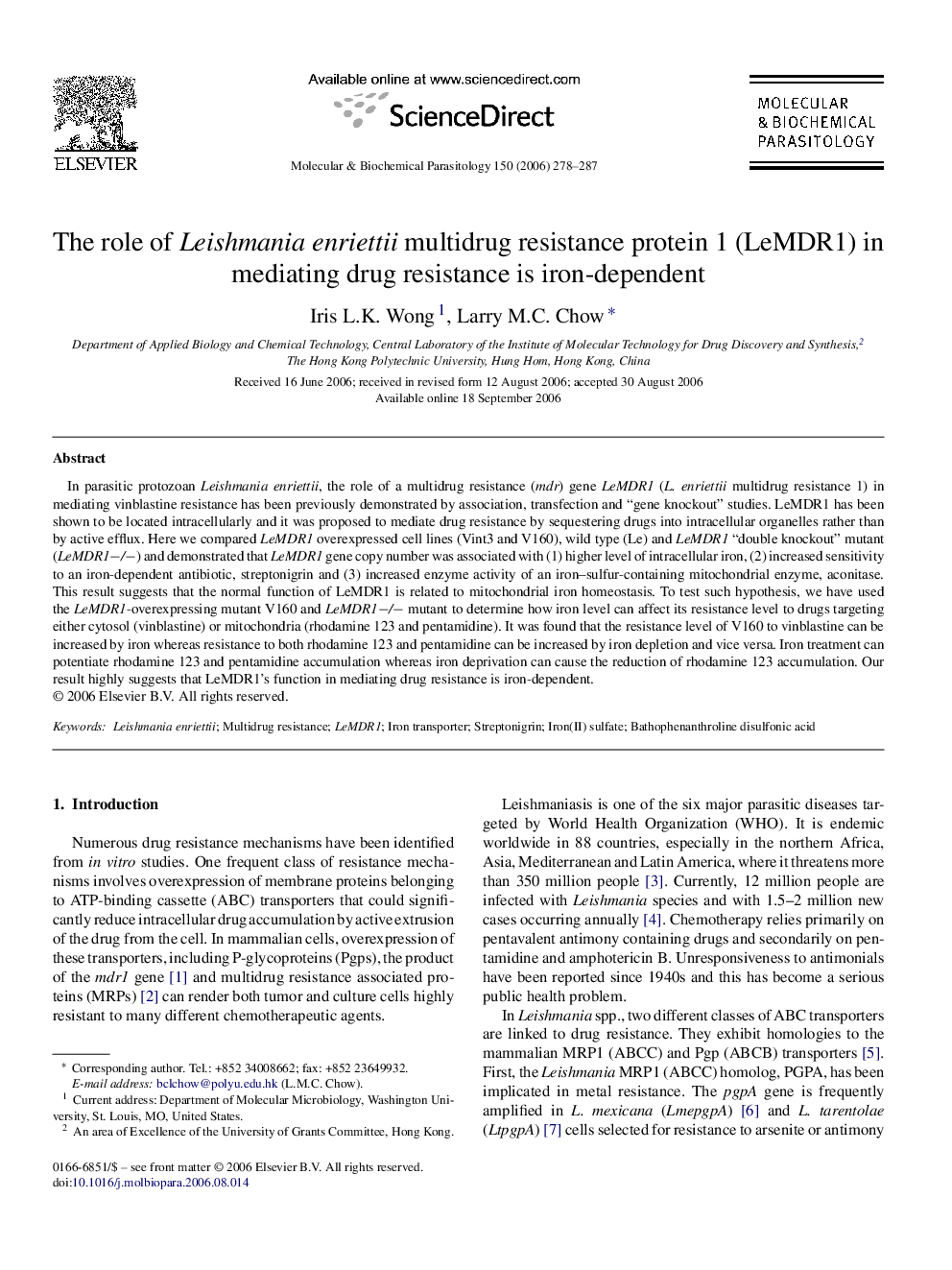 The role of Leishmania enriettii multidrug resistance protein 1 (LeMDR1) in mediating drug resistance is iron-dependent