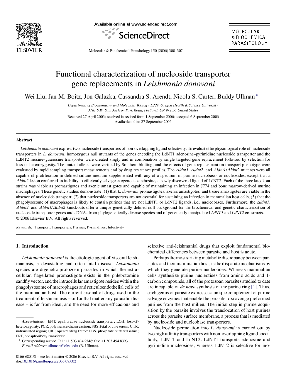 Functional characterization of nucleoside transporter gene replacements in Leishmania donovani