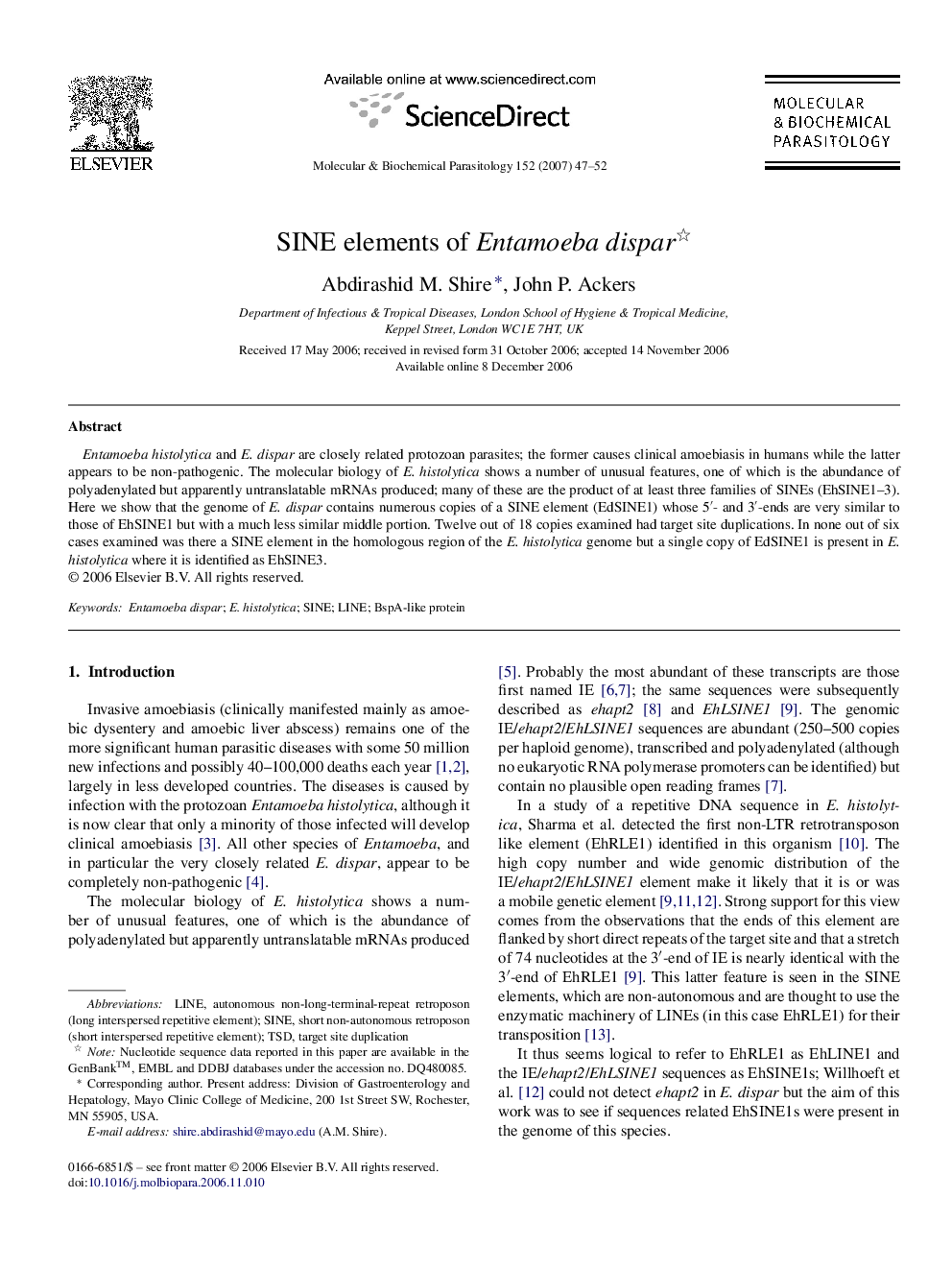 SINE elements of Entamoeba dispar