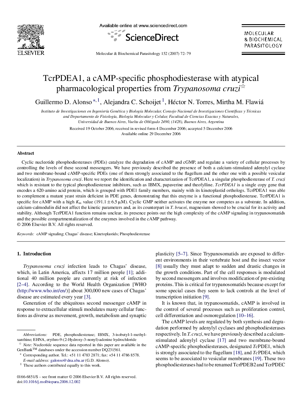 TcrPDEA1, a cAMP-specific phosphodiesterase with atypical pharmacological properties from Trypanosoma cruzi