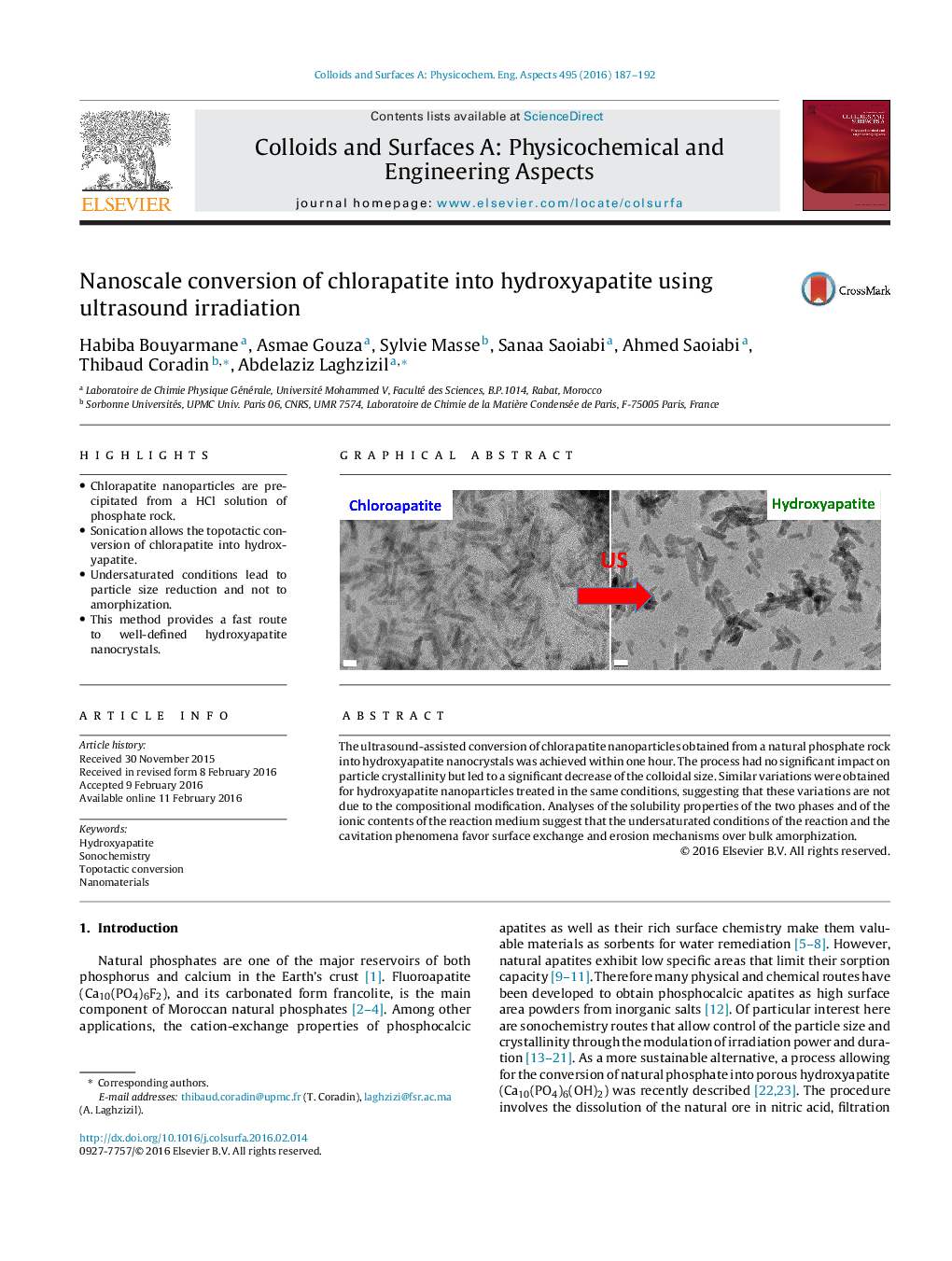 Nanoscale conversion of chlorapatite into hydroxyapatite using ultrasound irradiation