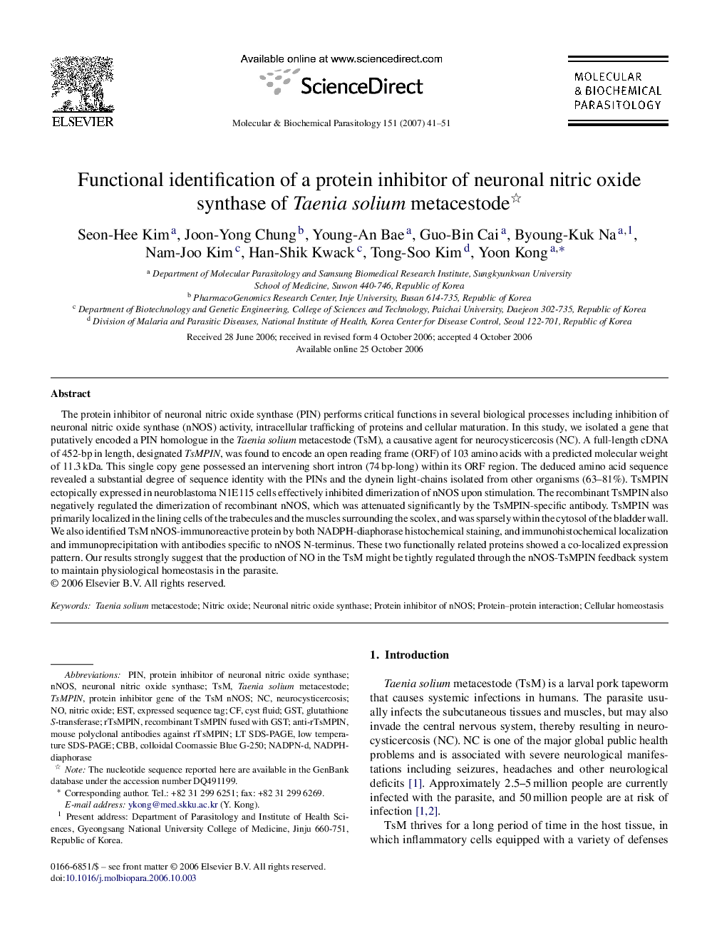 Functional identification of a protein inhibitor of neuronal nitric oxide synthase of Taenia solium metacestode