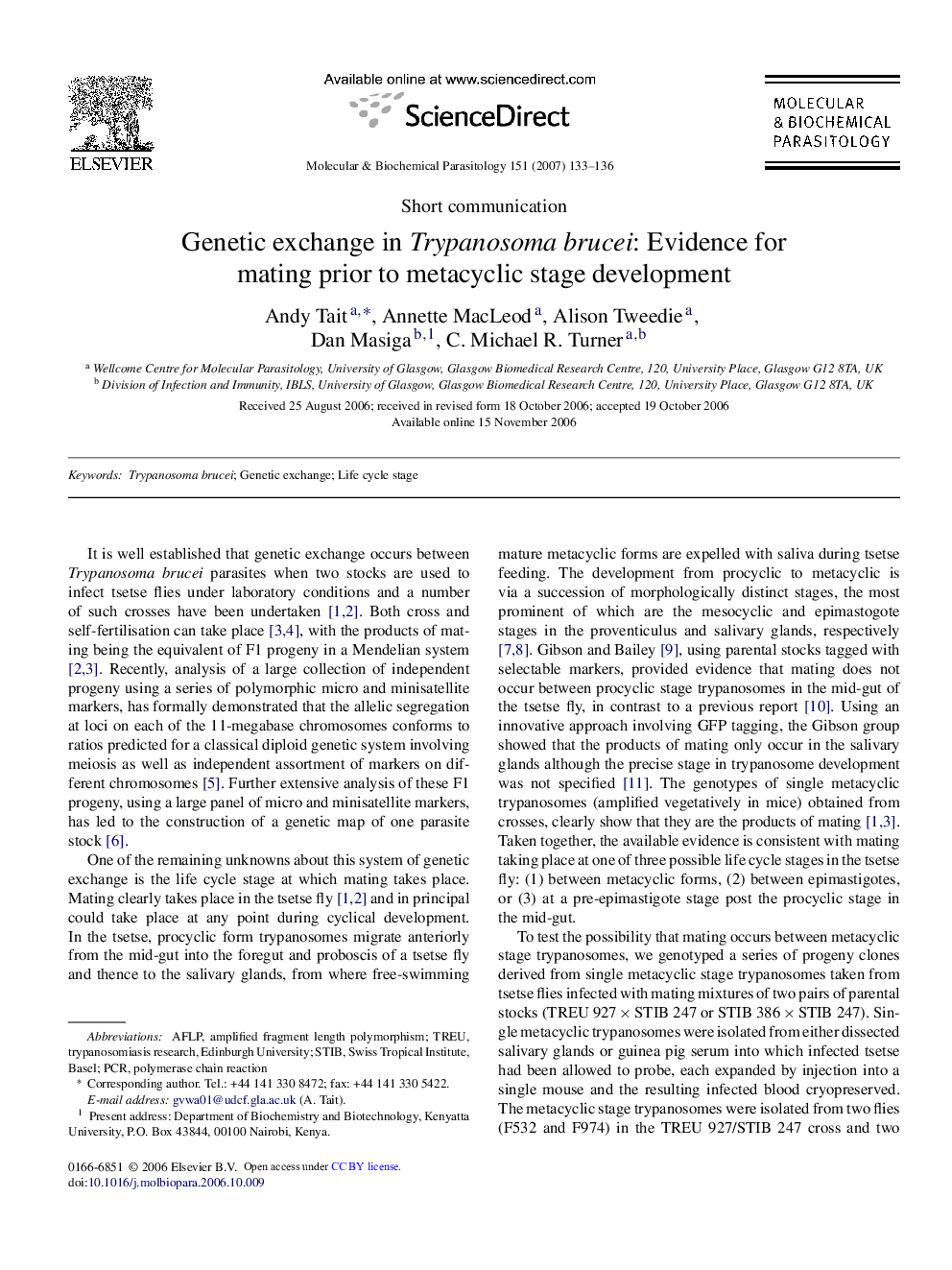 Genetic exchange in Trypanosoma brucei: Evidence for mating prior to metacyclic stage development