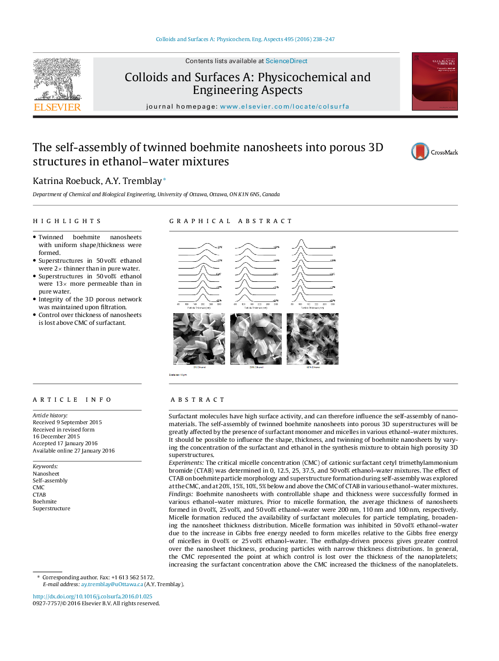 عکس صفحه اول مقاله: The self-assembly of twinned boehmite nanosheets into porous 3D structures in ethanol–water mixtures The self-assembly of twinned boehmite nanosheets into porous 3D structures in ethanol–water mixtures