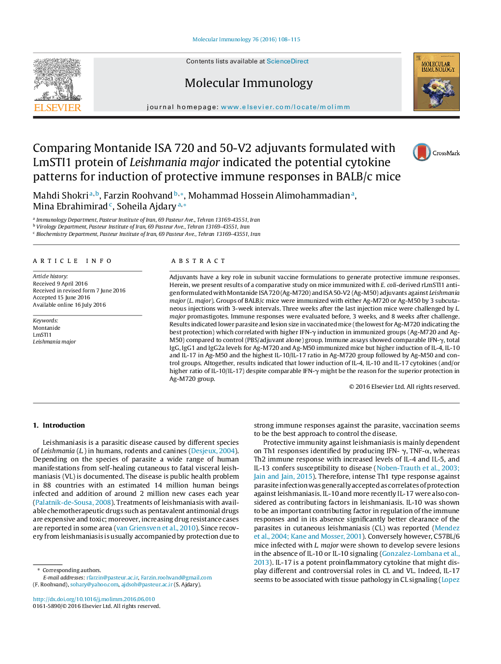 Comparing Montanide ISA 720 and 50-V2 adjuvants formulated with LmSTI1 protein of Leishmania major indicated the potential cytokine patterns for induction of protective immune responses in BALB/c mice