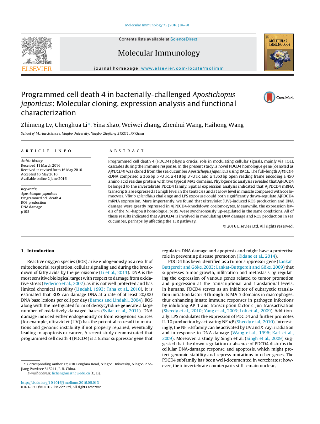 Programmed cell death 4 in bacterially-challenged Apostichopus japonicus: Molecular cloning, expression analysis and functional characterization