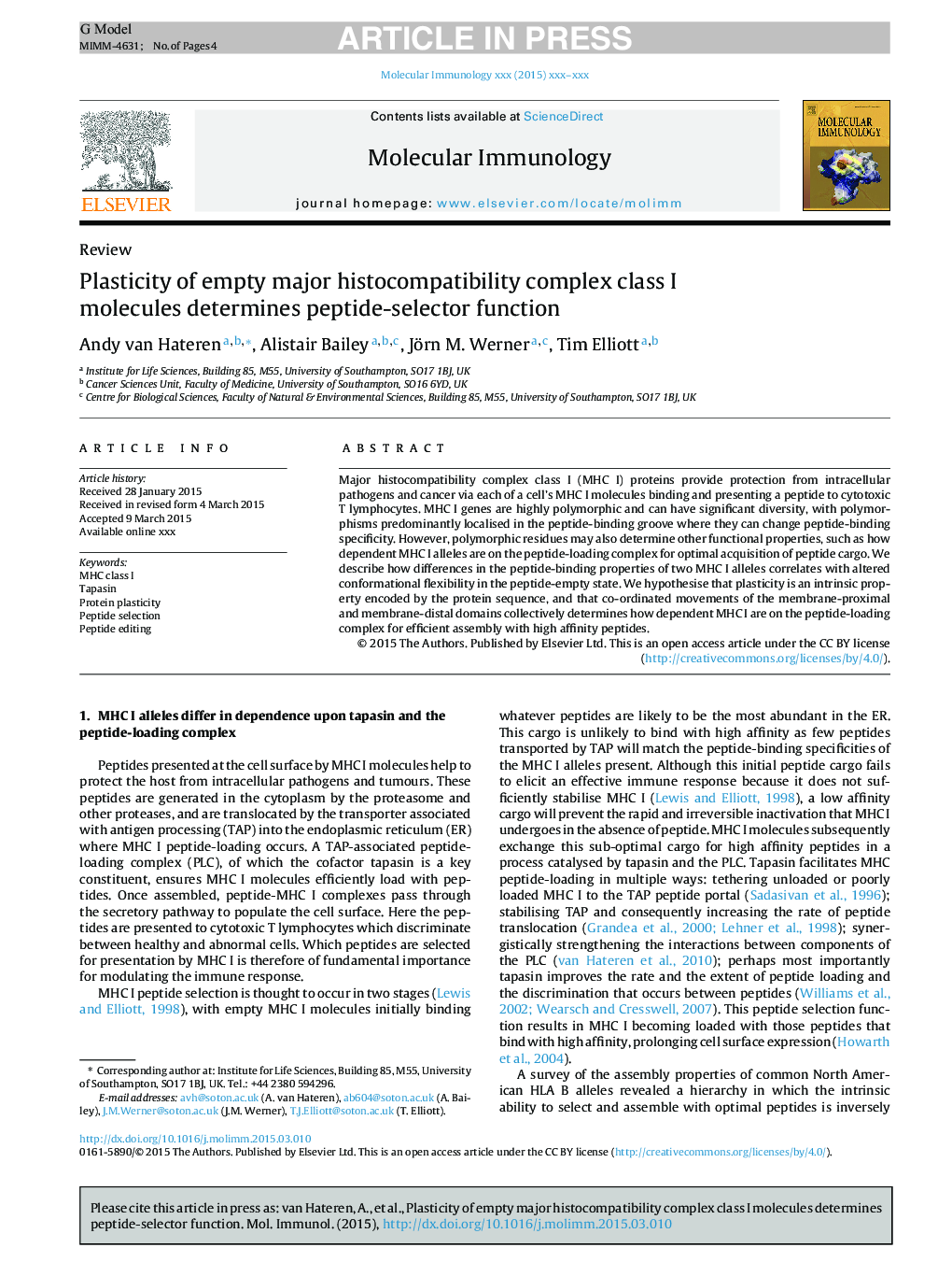 Plasticity of empty major histocompatibility complex class I molecules determines peptide-selector function