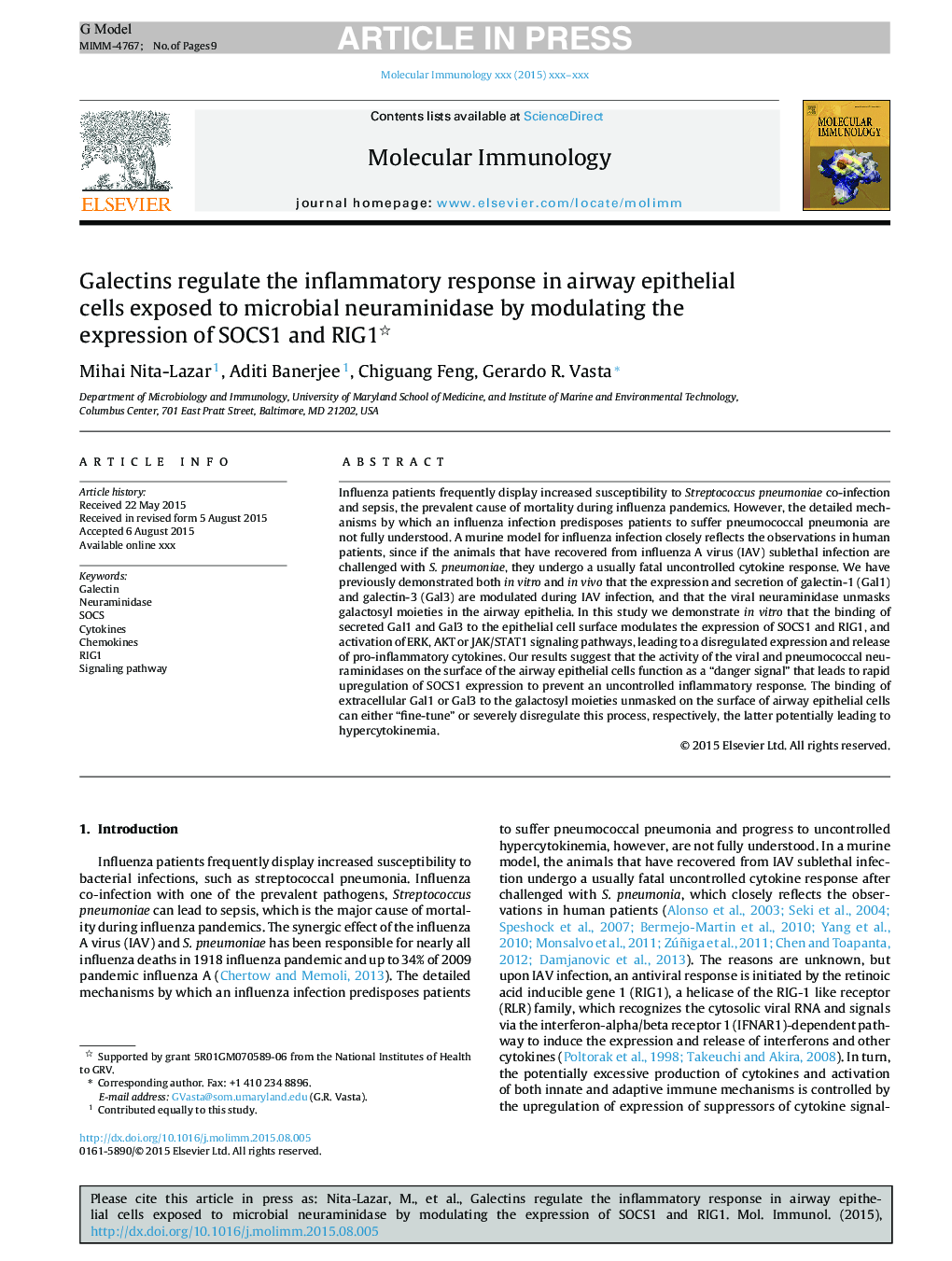 Galectins regulate the inflammatory response in airway epithelial cells exposed to microbial neuraminidase by modulating the expression of SOCS1 and RIG1