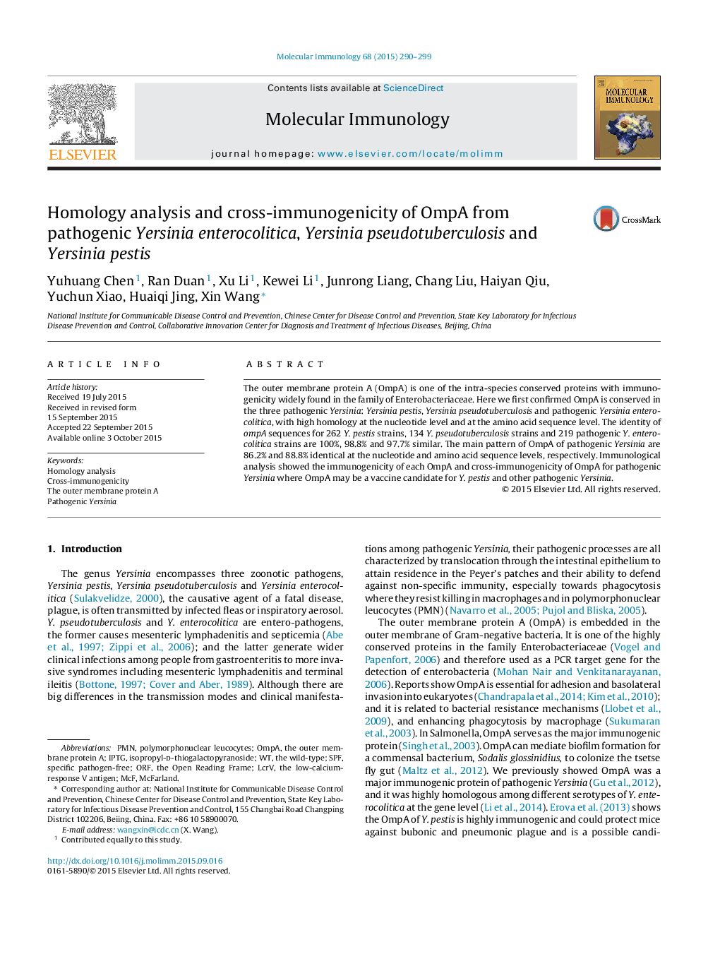 Homology analysis and cross-immunogenicity of OmpA from pathogenic Yersinia enterocolitica, Yersinia pseudotuberculosis and Yersinia pestis