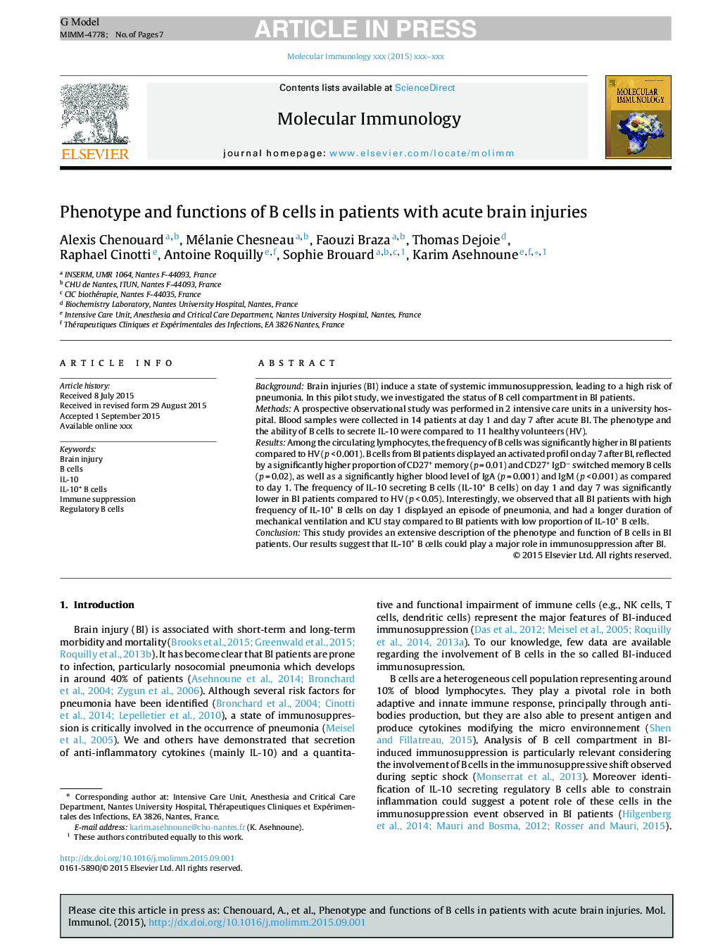 Phenotype and functions of B cells in patients with acute brain injuries