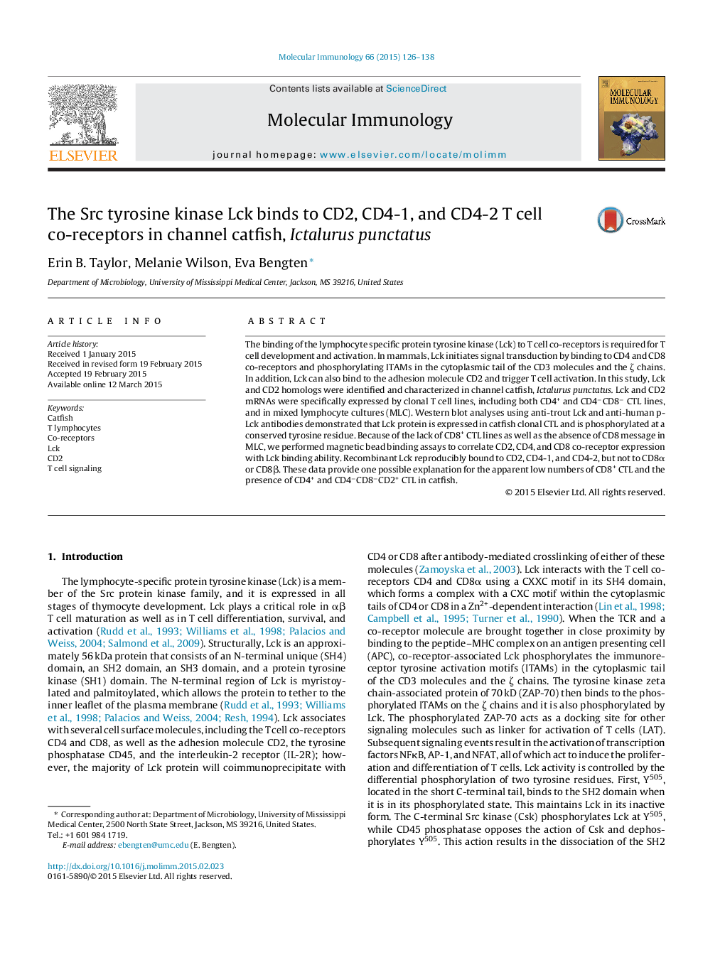 The Src tyrosine kinase Lck binds to CD2, CD4-1, and CD4-2 T cell co-receptors in channel catfish, Ictalurus punctatus