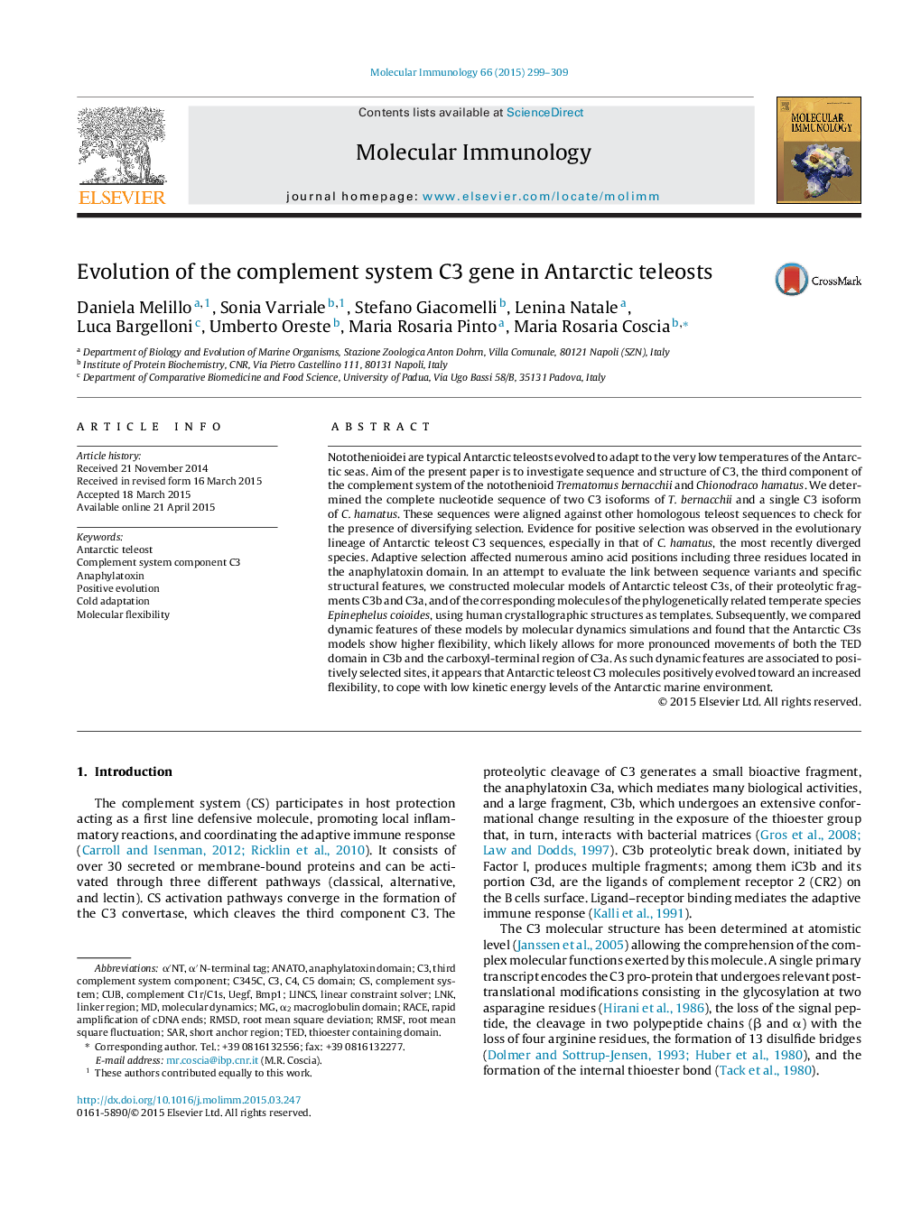 Evolution of the complement system C3 gene in Antarctic teleosts