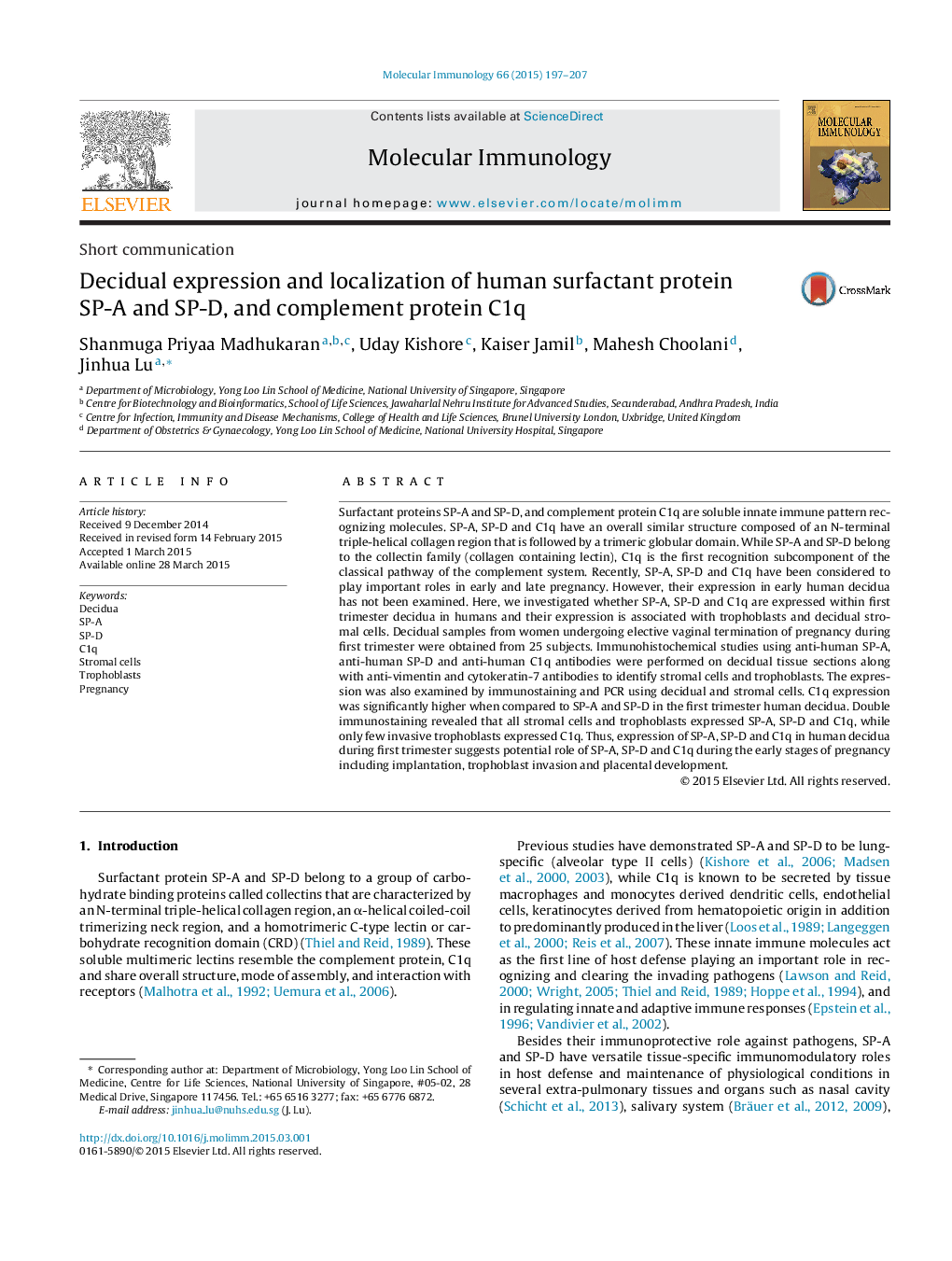 Short communicationDecidual expression and localization of human surfactant protein SP-A and SP-D, and complement protein C1q