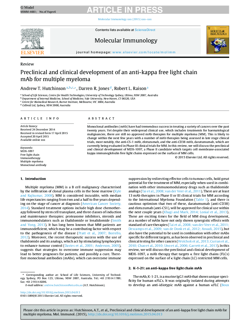 Preclinical and clinical development of an anti-kappa free light chain mAb for multiple myeloma