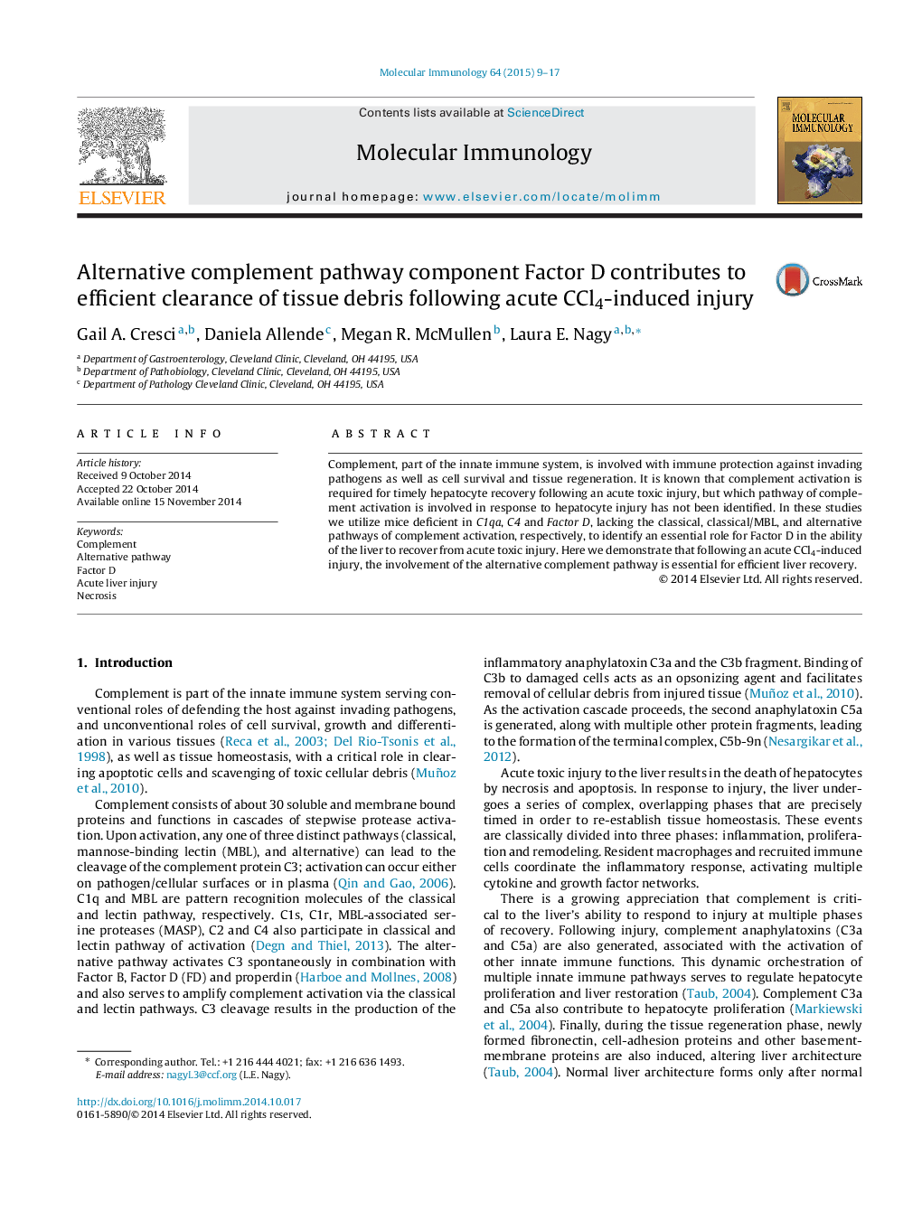 عکس صفحه اول مقاله: Alternative complement pathway component Factor D contributes to efficient clearance of tissue debris following acute CCl4-induced injury Alternative complement pathway component Factor D contributes to efficient clearance of tissue debris following acute CCl4-induced injury