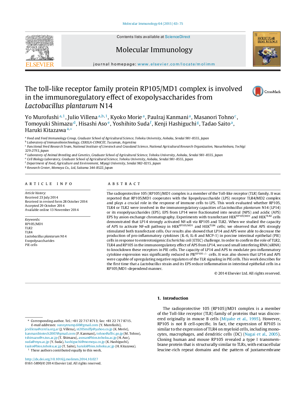 The toll-like receptor family protein RP105/MD1 complex is involved in the immunoregulatory effect of exopolysaccharides from Lactobacillus plantarum N14