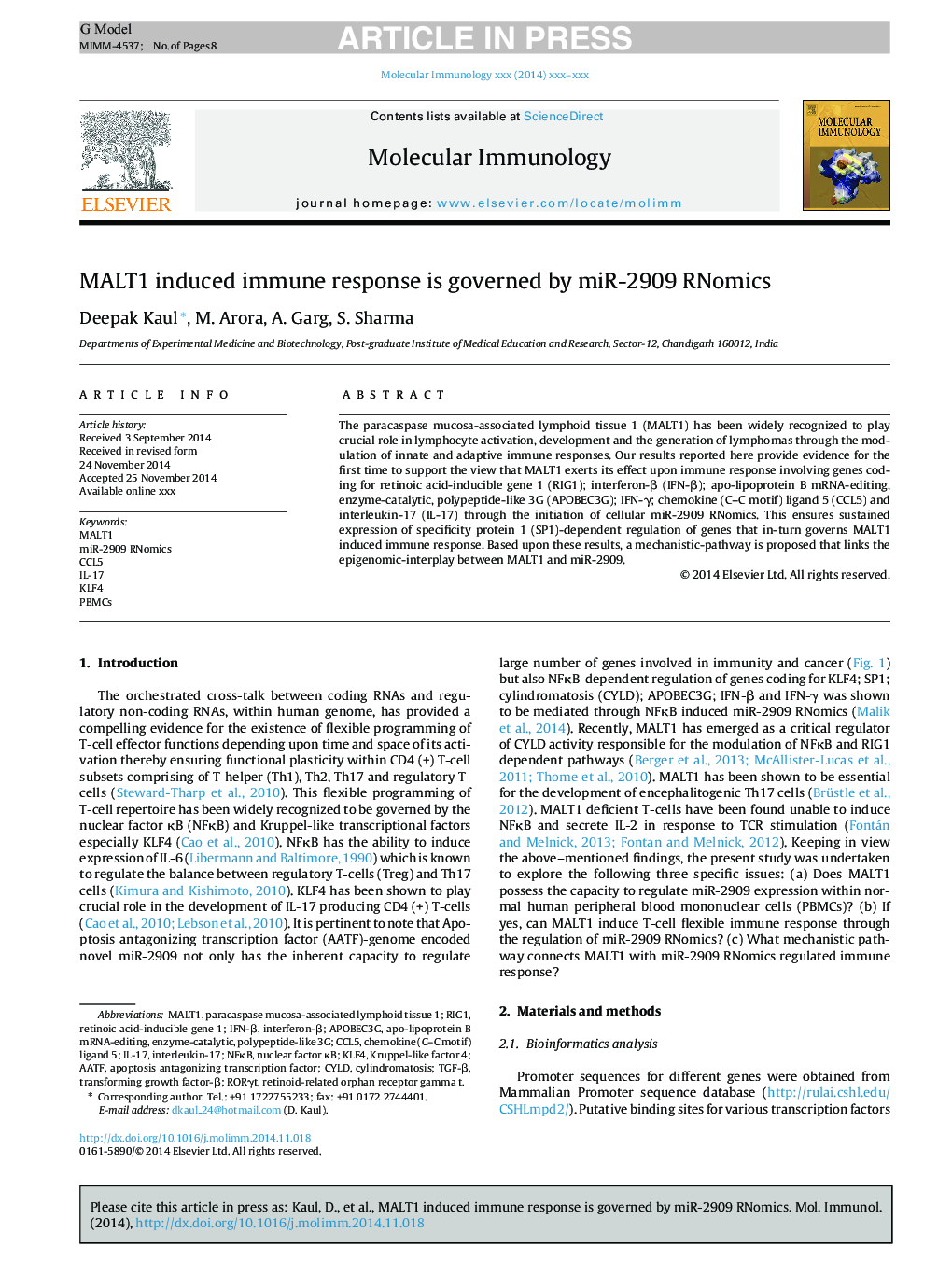 MALT1 induced immune response is governed by miR-2909 RNomics