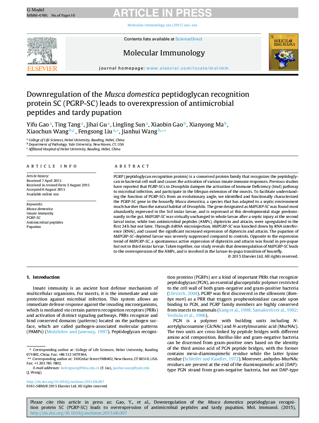 Downregulation of the Musca domestica peptidoglycan recognition protein SC (PGRP-SC) leads to overexpression of antimicrobial peptides and tardy pupation