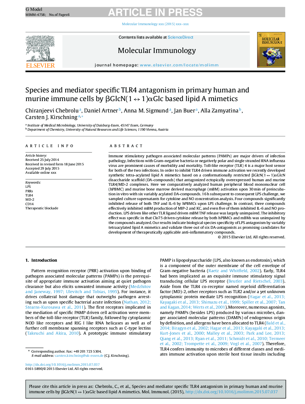 Species and mediator specific TLR4 antagonism in primary human and murine immune cells by Î²GlcN(1Â âÂ 1)Î±Glc based lipid A mimetics