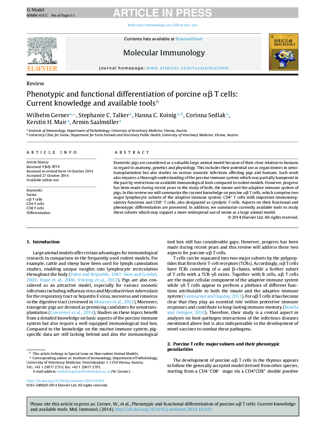 Phenotypic and functional differentiation of porcine Î±Î² T cells: Current knowledge and available tools