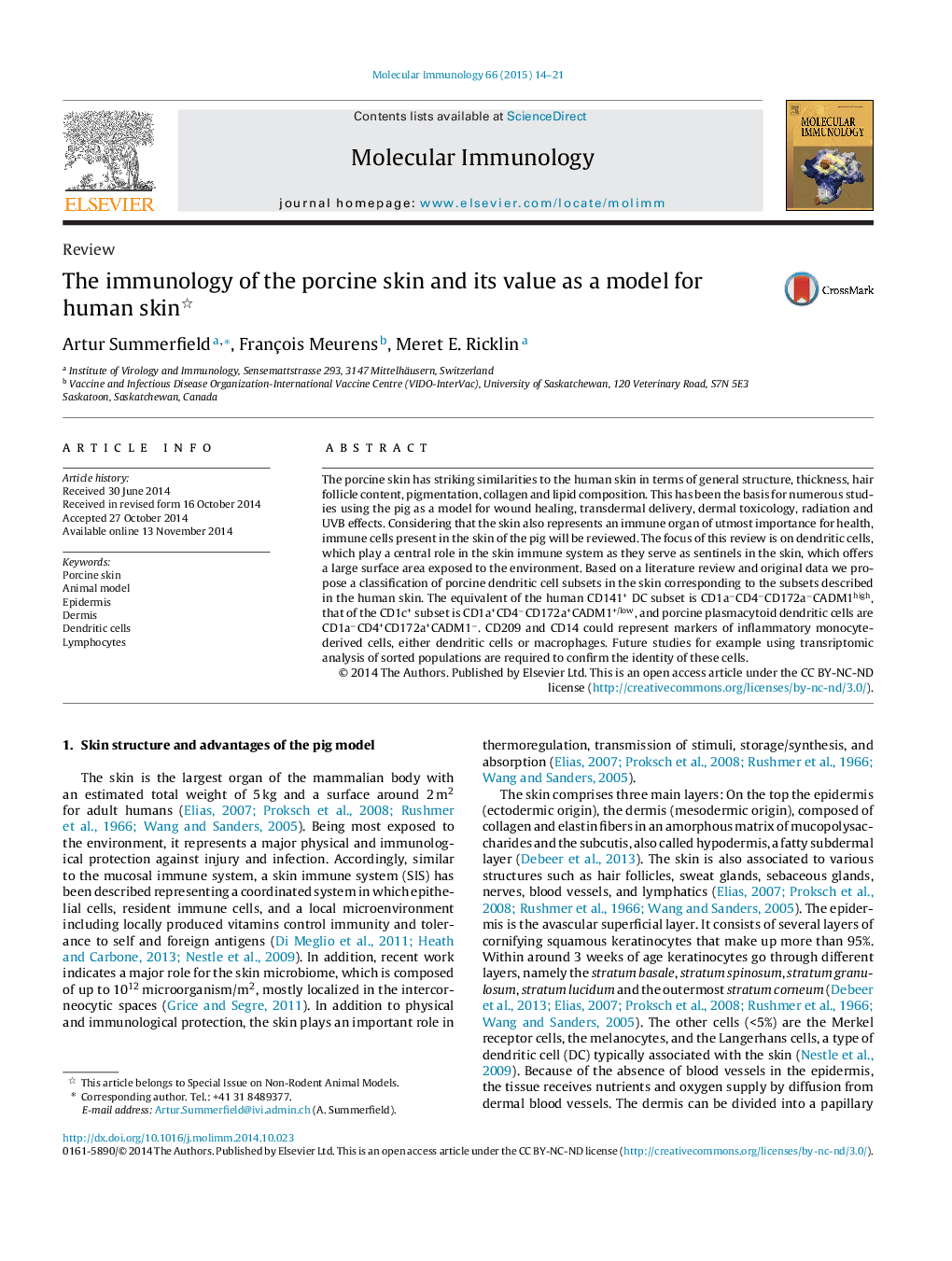 The immunology of the porcine skin and its value as a model for human skin