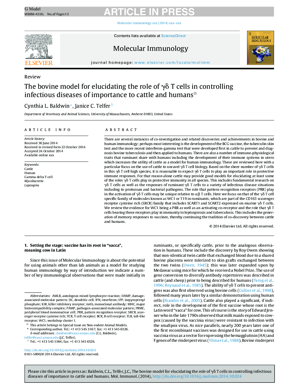 The bovine model for elucidating the role of Î³Î´ T cells in controlling infectious diseases of importance to cattle and humans