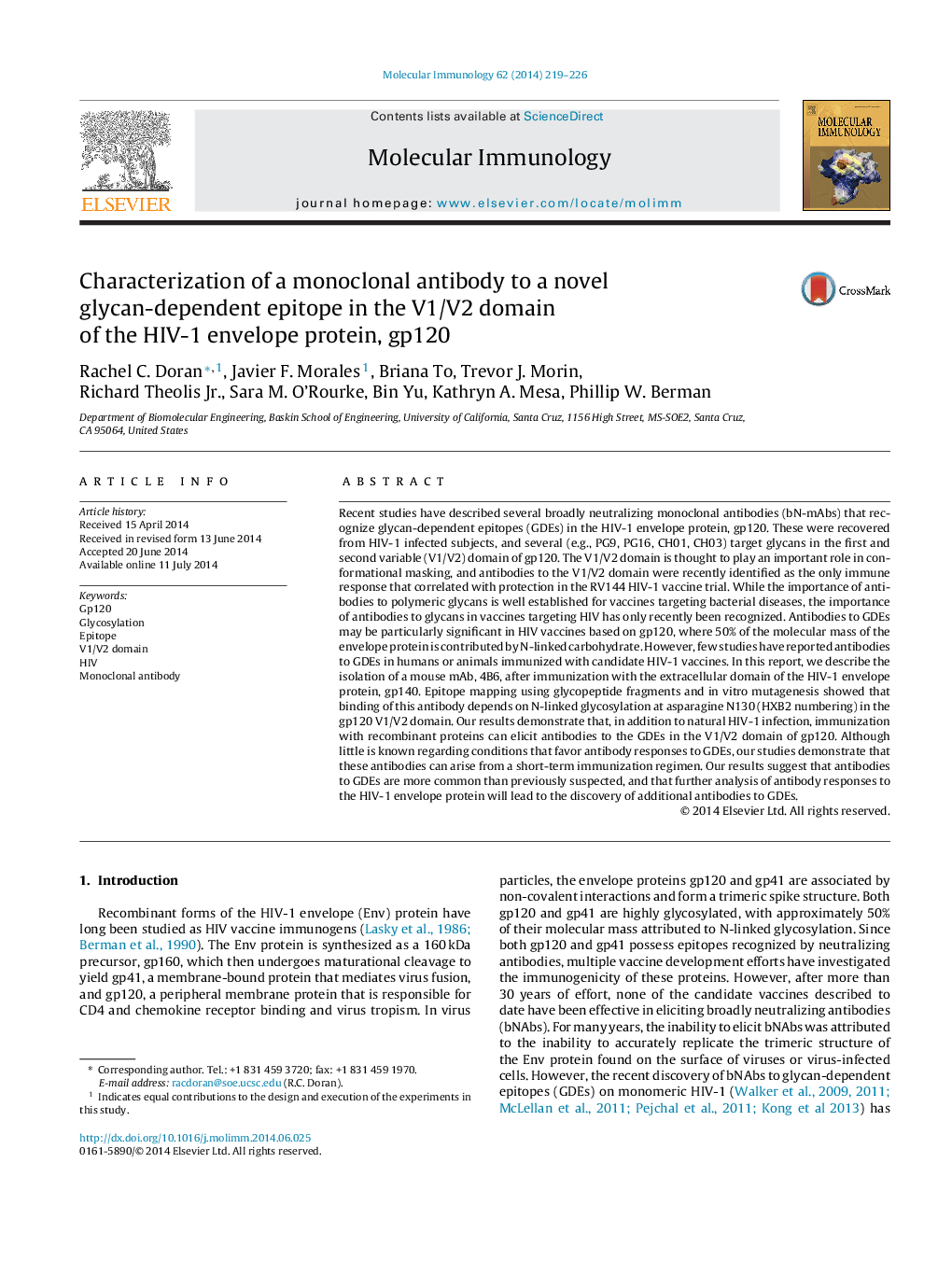 Characterization of a monoclonal antibody to a novel glycan-dependent epitope in the V1/V2 domain of the HIV-1 envelope protein, gp120