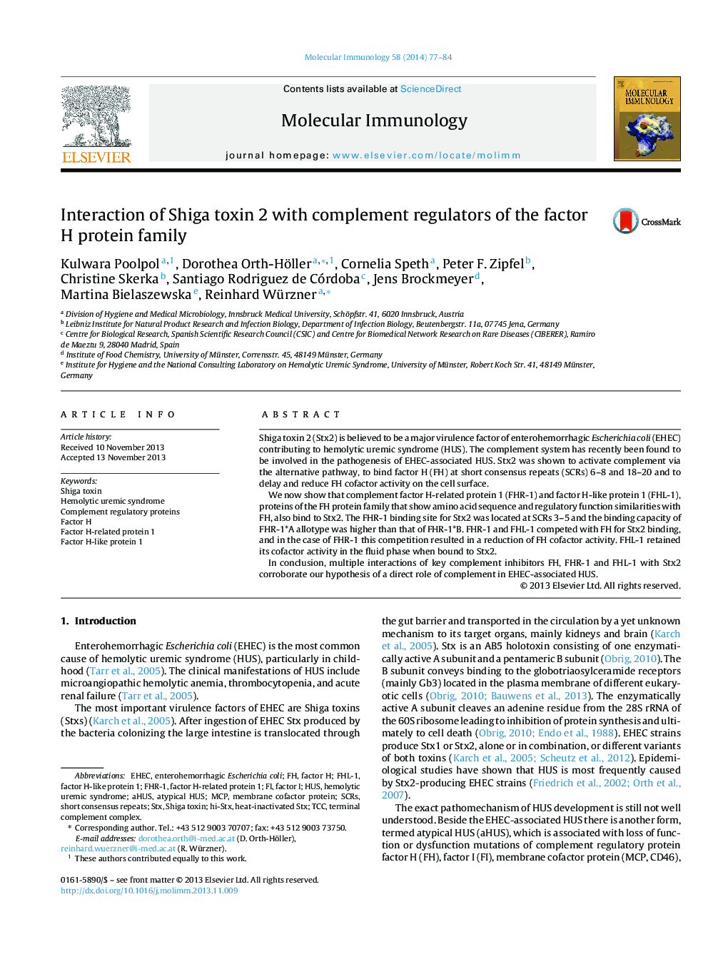 Interaction of Shiga toxin 2 with complement regulators of the factor H protein family