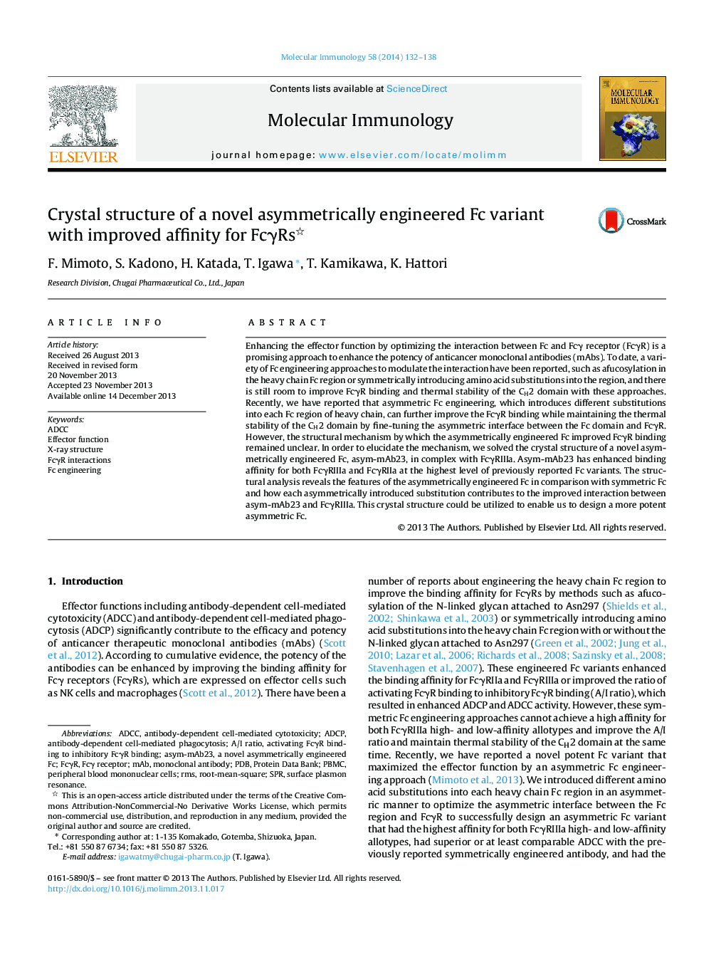 Crystal structure of a novel asymmetrically engineered Fc variant with improved affinity for FcÎ³Rs