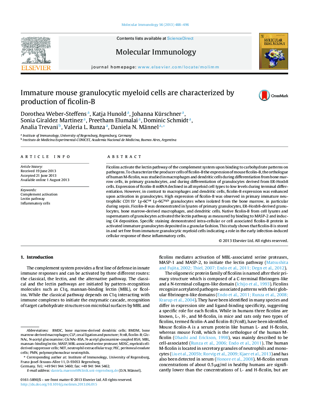 Immature mouse granulocytic myeloid cells are characterized by production of ficolin-B