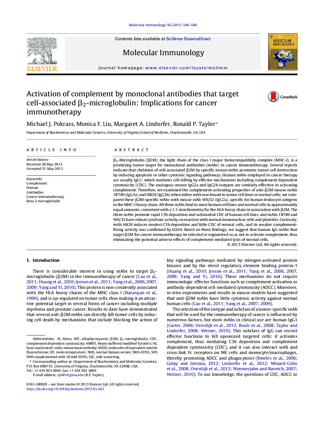 Activation of complement by monoclonal antibodies that target cell-associated Î²2-microglobulin: Implications for cancer immunotherapy