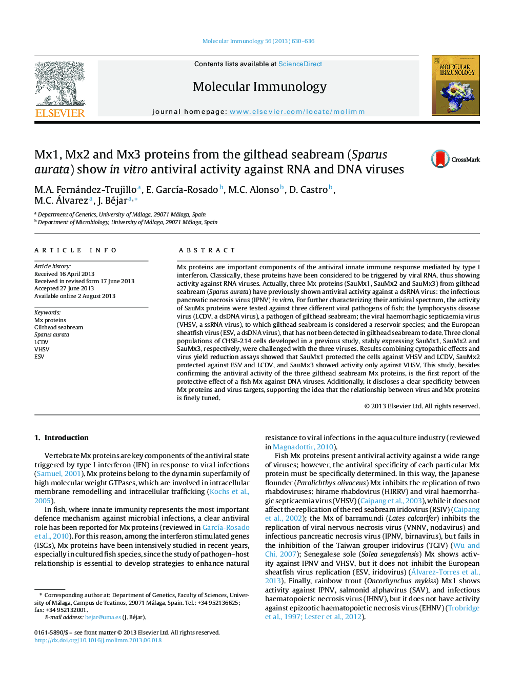 Mx1, Mx2 and Mx3 proteins from the gilthead seabream (Sparus aurata) show in vitro antiviral activity against RNA and DNA viruses