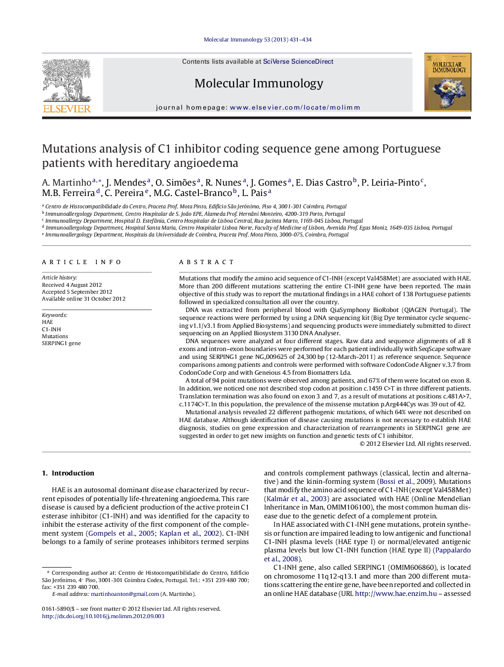 Mutations analysis of C1 inhibitor coding sequence gene among Portuguese patients with hereditary angioedema