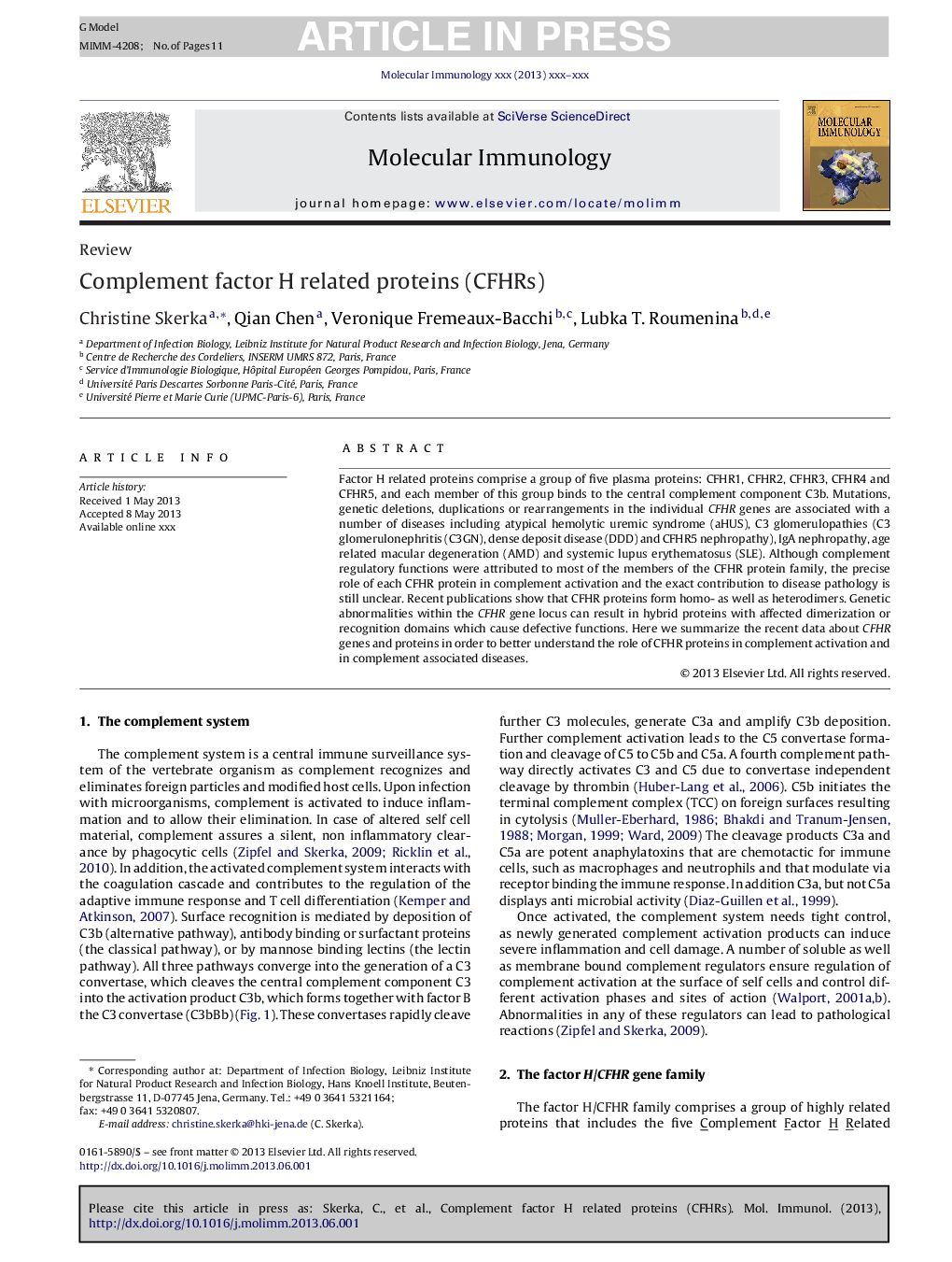 Complement factor H related proteins (CFHRs)