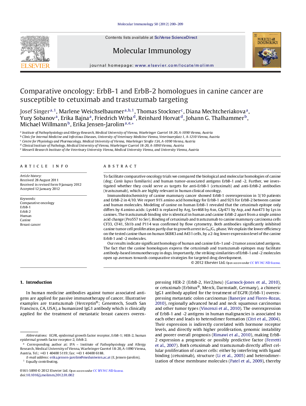 Comparative oncology: ErbB-1 and ErbB-2 homologues in canine cancer are susceptible to cetuximab and trastuzumab targeting