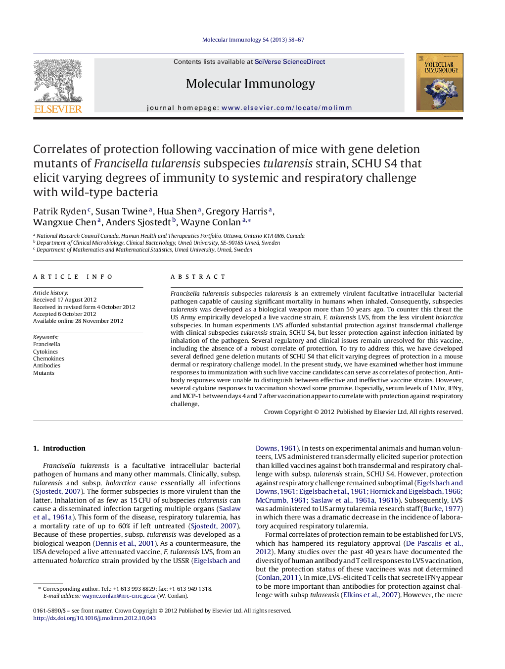 Correlates of protection following vaccination of mice with gene deletion mutants of Francisella tularensis subspecies tularensis strain, SCHU S4 that elicit varying degrees of immunity to systemic and respiratory challenge with wild-type bacteria