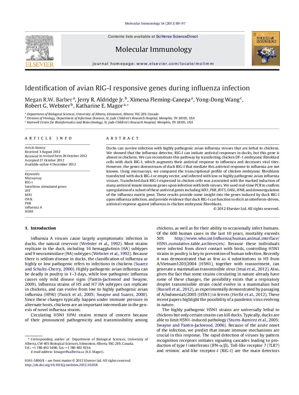 Identification of avian RIG-I responsive genes during influenza infection