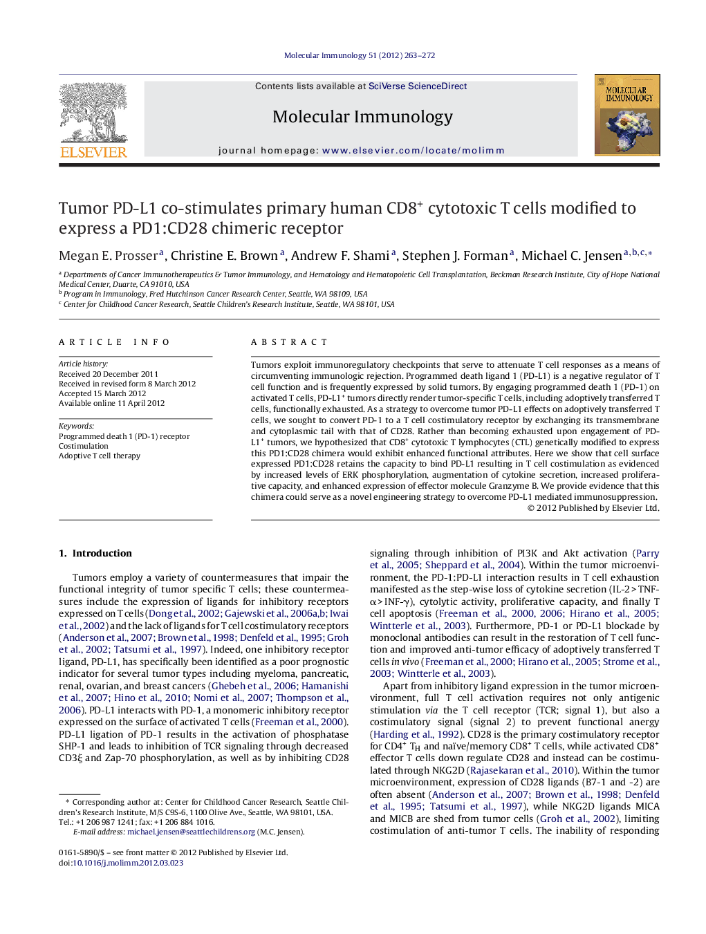 Tumor PD-L1 co-stimulates primary human CD8+ cytotoxic T cells modified to express a PD1:CD28 chimeric receptor