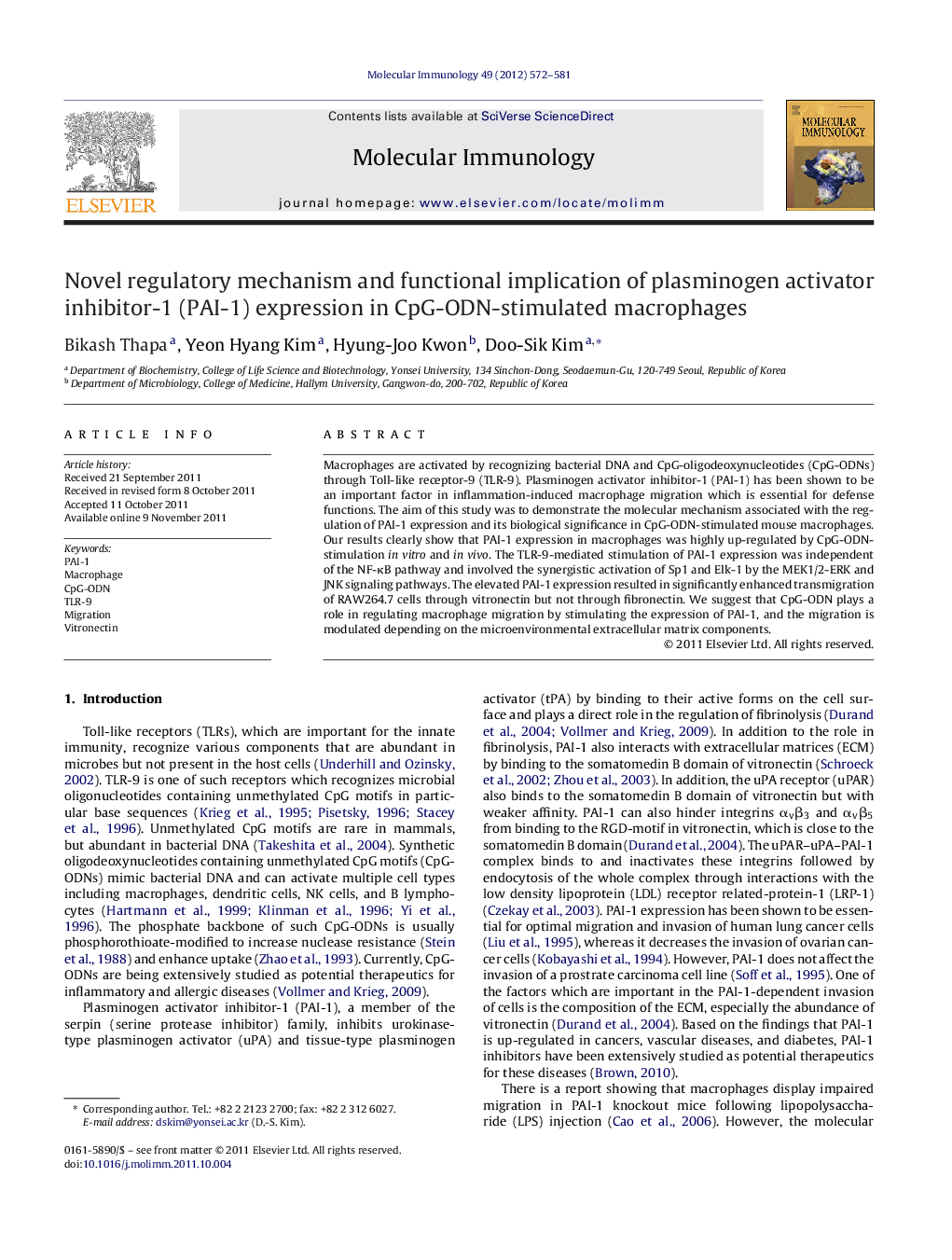Novel regulatory mechanism and functional implication of plasminogen activator inhibitor-1 (PAI-1) expression in CpG-ODN-stimulated macrophages