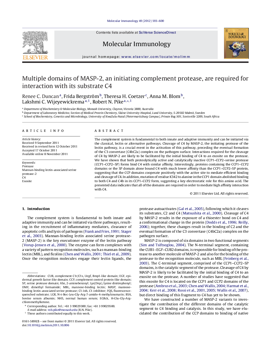 Multiple domains of MASP-2, an initiating complement protease, are required for interaction with its substrate C4